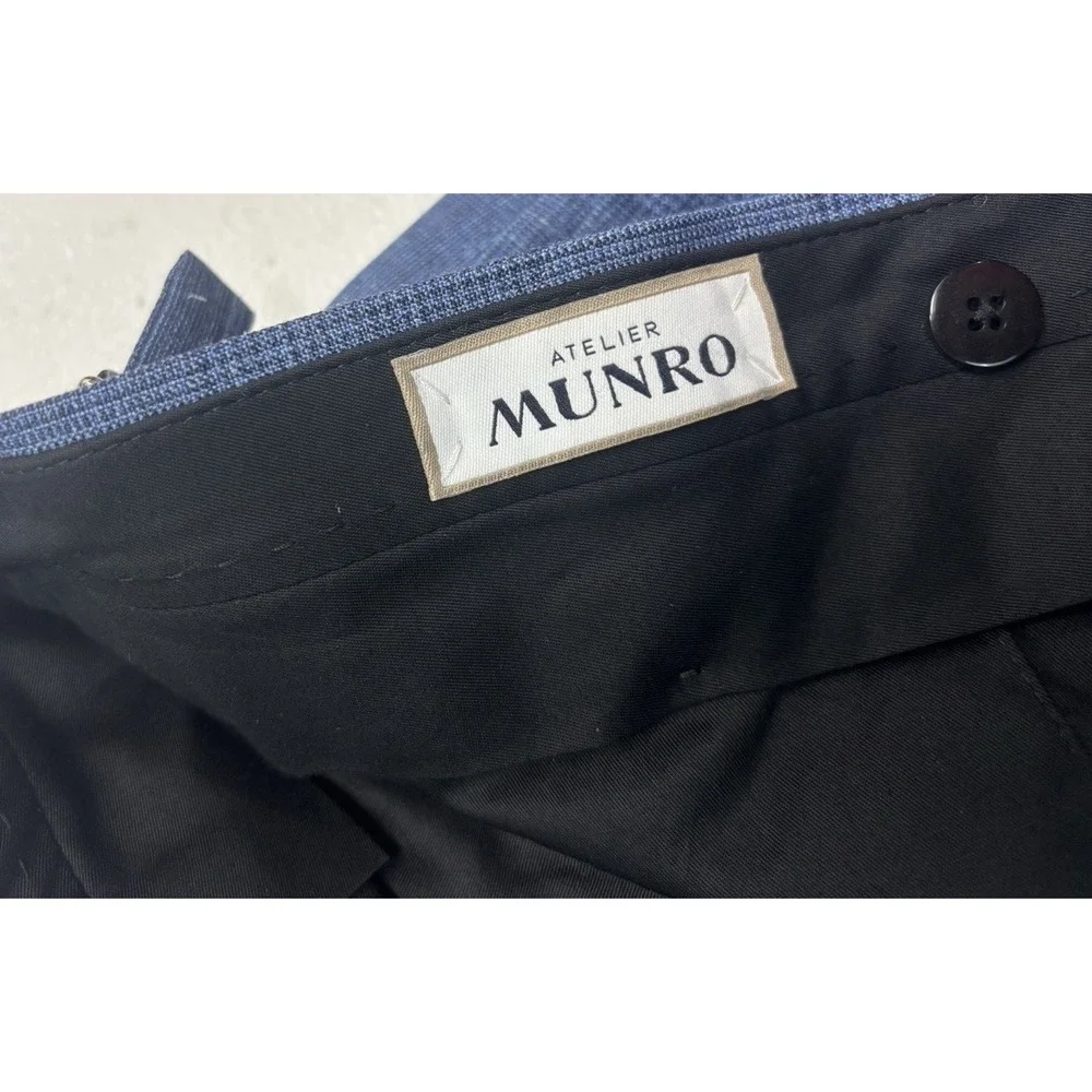 Atelier Munro Custom 38 Navy Blue Chambray Plaid Wool Silk Linen Pants Trousers